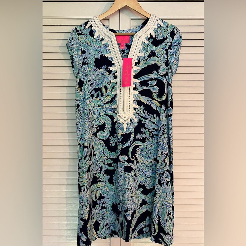 Lilly Pulitzer Madia Tunic Embroidered Dress. High Tide Navy Scuba Doo.